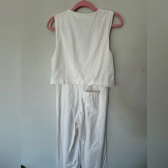 ASOS Cream Linen Like Vest Jumpsuit Wide Leg Button Front Minimalist Size 6 - Picture 8 of 10
